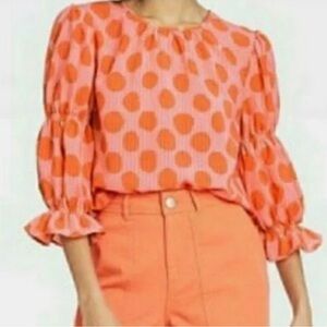 Who What Wear Orange Polka Dot puff sleeve Blouse trendy chic L